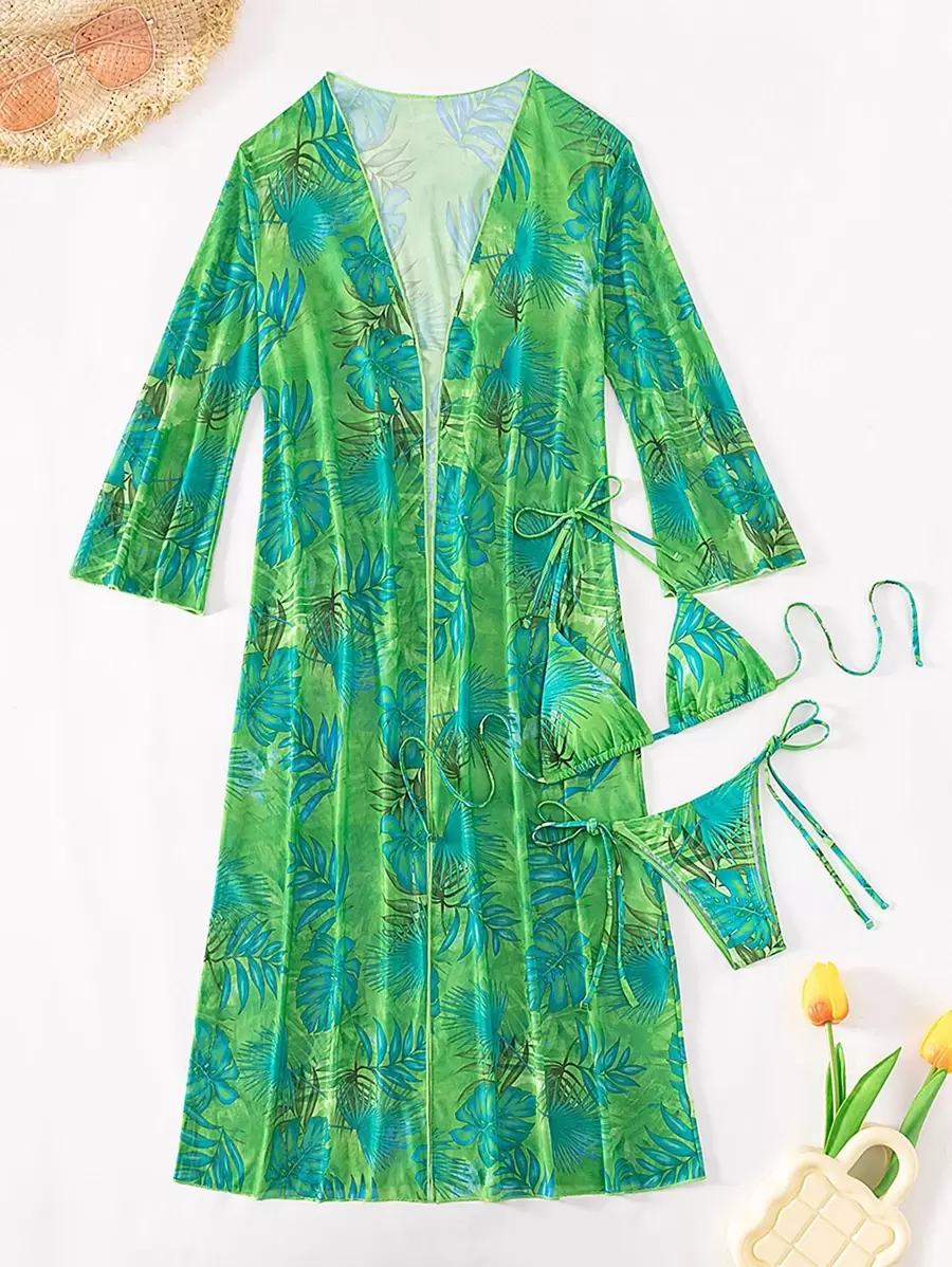 Swim SXY طقم بيكيني ثلاثي القطع: حمالة مثلثية وأسفل مربوط جانبيًا وكيمونو أكمام طويلة، طباعة استوائية شاطئية صيفية - متعدد الألوان - مشاهدة 1