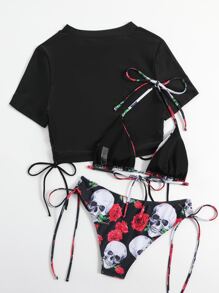 Swim EVENT Conjunto de bikini de 2 piezas de estilo gótico con parte superior de triángulo, camiseta de manga corta y Bottom de tiras laterales con estampado floral y de esqueleto para la playa de verano