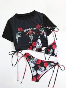 Swim EVENT Conjunto de bikini de 2 piezas de estilo gótico con parte superior de triángulo, camiseta de manga corta y Bottom de tiras laterales con estampado floral y de esqueleto para la playa de verano