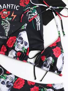 Swim EVENT Conjunto de bikini de 2 piezas de estilo gótico con parte superior de triángulo, camiseta de manga corta y Bottom de tiras laterales con estampado floral y de esqueleto para la playa de verano