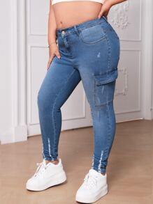 SHEIN Plus Flap Pocket Side Cargo Jeans - Medium Wash - View 1