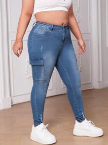 SHEIN Plus Flap Pocket Side Cargo Jeans - Medium Wash - View 4