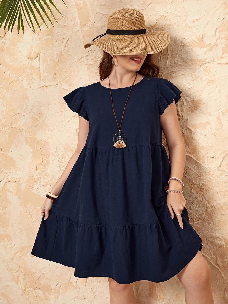 EMERY ROSE 大碼素色荷葉邊娃娃裙 - 藏蓝色 - 查看 1