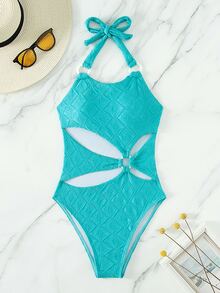 Phụ nữ một mảnh Cắt ra Nhẫn màu trơn - Màu xanh lam - Xem 5