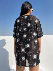 SHEIN EZwear Plus Sun & Moon Print Drop Shoulder Tee - Black - View 2