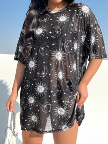 SHEIN EZwear Plus Sun & Moon Print Drop Shoulder Tee - Black - View 3