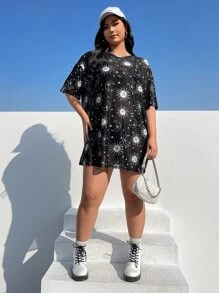 SHEIN EZwear Plus Sun & Moon Print Drop Shoulder Tee - Black - View 4