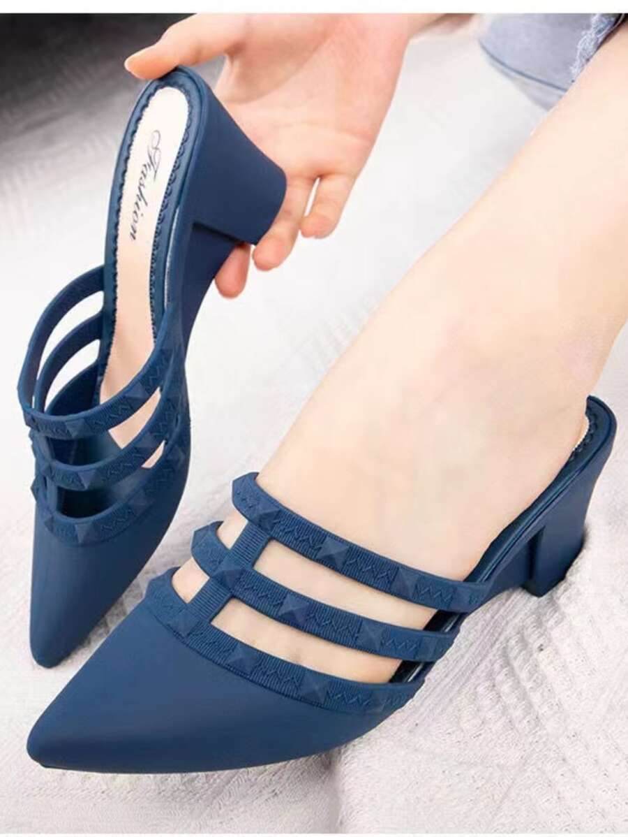 Spiked Decor Point Toe Court Wedges - Blue - View 1