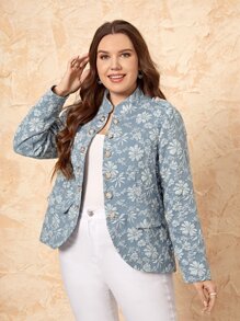 EMERY ROSE 大碼小高領滿版花卉圖案夾克 - 霧霾藍 - 查看 3