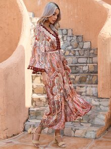 佩斯利印花流蘇邊繫腰帶洋裝 - 珊瑚粉 - 查看 3