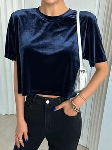 DAZY Camiseta crop de terciopelo - Azul Marino - Ver 2