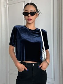 DAZY Camiseta crop de terciopelo - Azul Marino - Ver 1