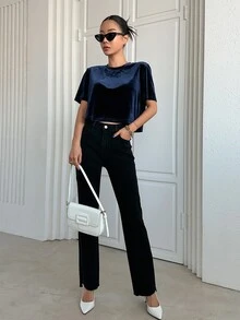 DAZY Camiseta crop de terciopelo - Azul Marino - Ver 3