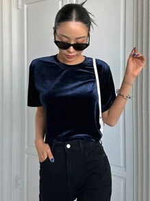 DAZY Camiseta crop de terciopelo - Azul Marino - Ver 5