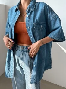 DAZY Flap Pocket Drop Shoulder Denim Top - Medium Wash - View 2