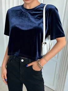 DAZY Camiseta crop de terciopelo - Azul Marino - Ver 6
