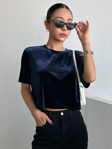 DAZY Camiseta crop de terciopelo - Azul Marino - Ver 7