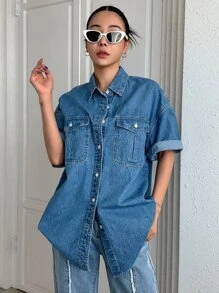 DAZY Flap Pocket Drop Shoulder Denim Top - Medium Wash - View 5