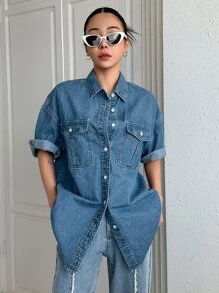 DAZY Flap Pocket Drop Shoulder Denim Top - Medium Wash - View 7