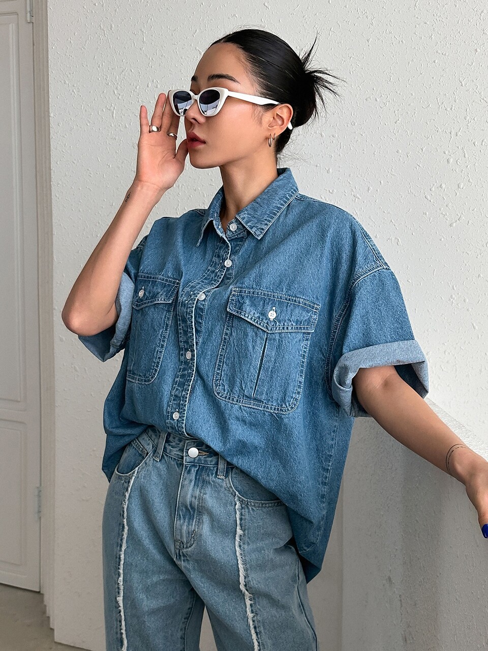 Flap Pocket Drop Shoulder Denim Top