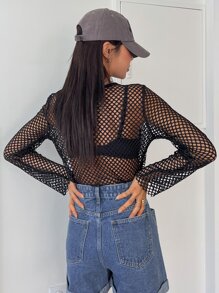 DAZY Solid Fishnet Mesh Top Without Bra Long Sleeve Women Tops,Fall Women Clothes - Black - View 3