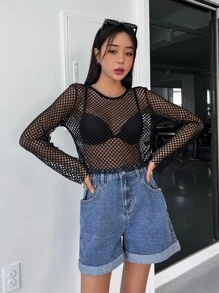DAZY Solid Fishnet Mesh Top Without Bra Long Sleeve Women Tops,Fall Women Clothes - Black - View 1