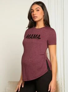 SHEIN Maternity Letter Graphic Split Hem Tee - Mauve Purple - View 1
