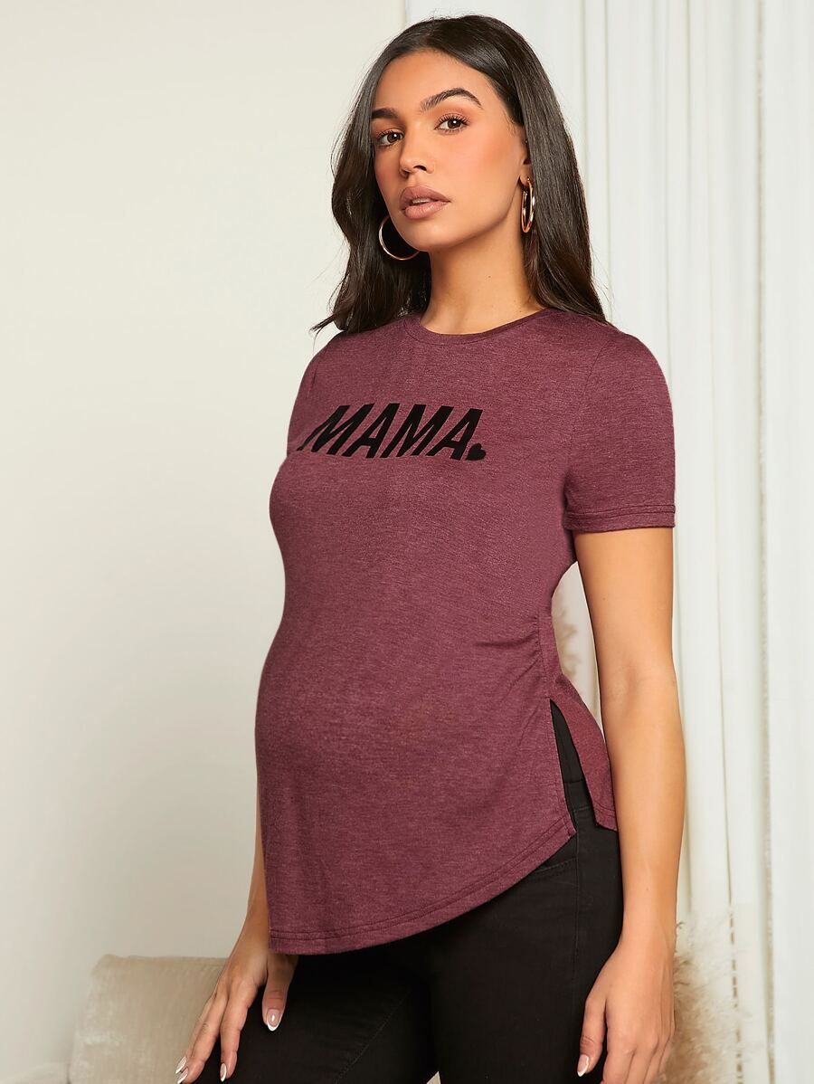 SHEIN Maternity Letter Graphic Split Hem Tee - Mauve Purple - View 1