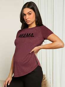 SHEIN Maternity Letter Graphic Split Hem Tee - Mauve Purple - View 3