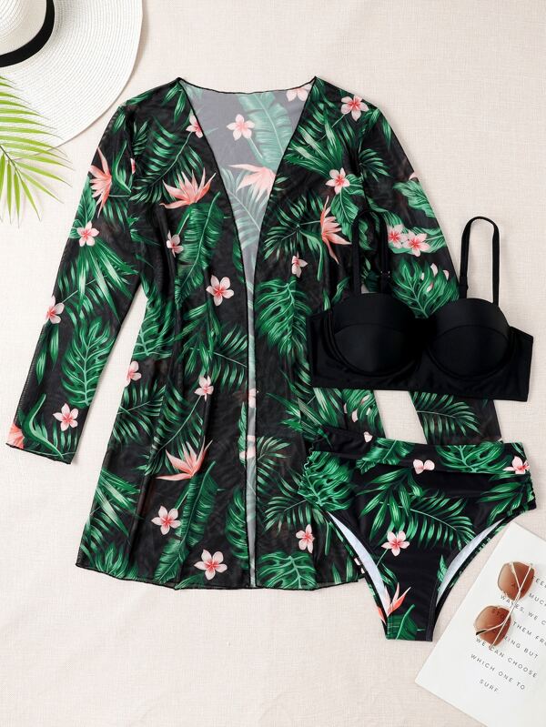 SHEIN Swim 夏季海滩热带印花比基尼套装聚拢文胸和低腰比基尼泳裤和和服 3 件套比基尼