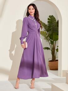 Modelyn Contrast Trim Wrap Cross Front Dress - Violet Purple - View 1