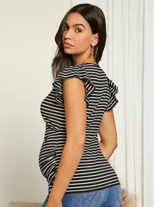 SHEIN Maternity Striped Print Surplice Neck Wrap Ruched Tee - Black and White - View 2