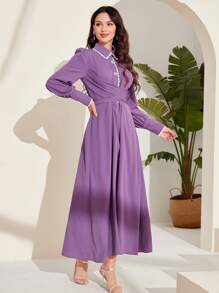 Modelyn Contrast Trim Wrap Cross Front Dress - Violet Purple - View 4