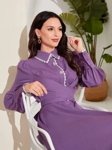 Modelyn Contrast Trim Wrap Cross Front Dress - Violet Purple - View 5