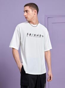 FRIENDS X SHEIN Men Cotton Letter & Figure Graphic Drop Shoulder Tee - White - View 3