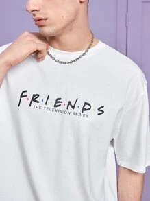FRIENDS X SHEIN Men Cotton Letter & Figure Graphic Drop Shoulder Tee - White - View 4