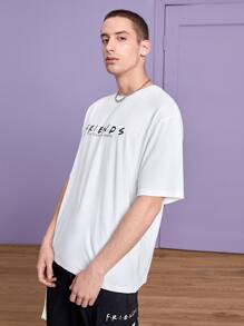 FRIENDS X SHEIN Men Cotton Letter & Figure Graphic Drop Shoulder Tee - White - View 6