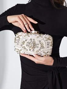 輕便商務休閒迷你水鑽和人造珍珠裝飾盒包晚宴包、晚宴包迷人、優雅、精緻、安靜奢華水鑽適合派對女孩、女士、新娘完美適合派對、晚餐/宴會、雞尾酒 - 香檳色 - 查看 2