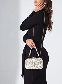 輕便商務休閒迷你水鑽和人造珍珠裝飾盒包晚宴包、晚宴包迷人、優雅、精緻、安靜奢華水鑽適合派對女孩、女士、新娘完美適合派對、晚餐/宴會、雞尾酒 - 香檳色 - 查看 3