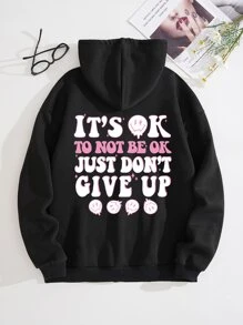 SHEIN EZwear Slogan Graphic Zip Up Drawstring Thermal Lined Hoodie - Black - View 1