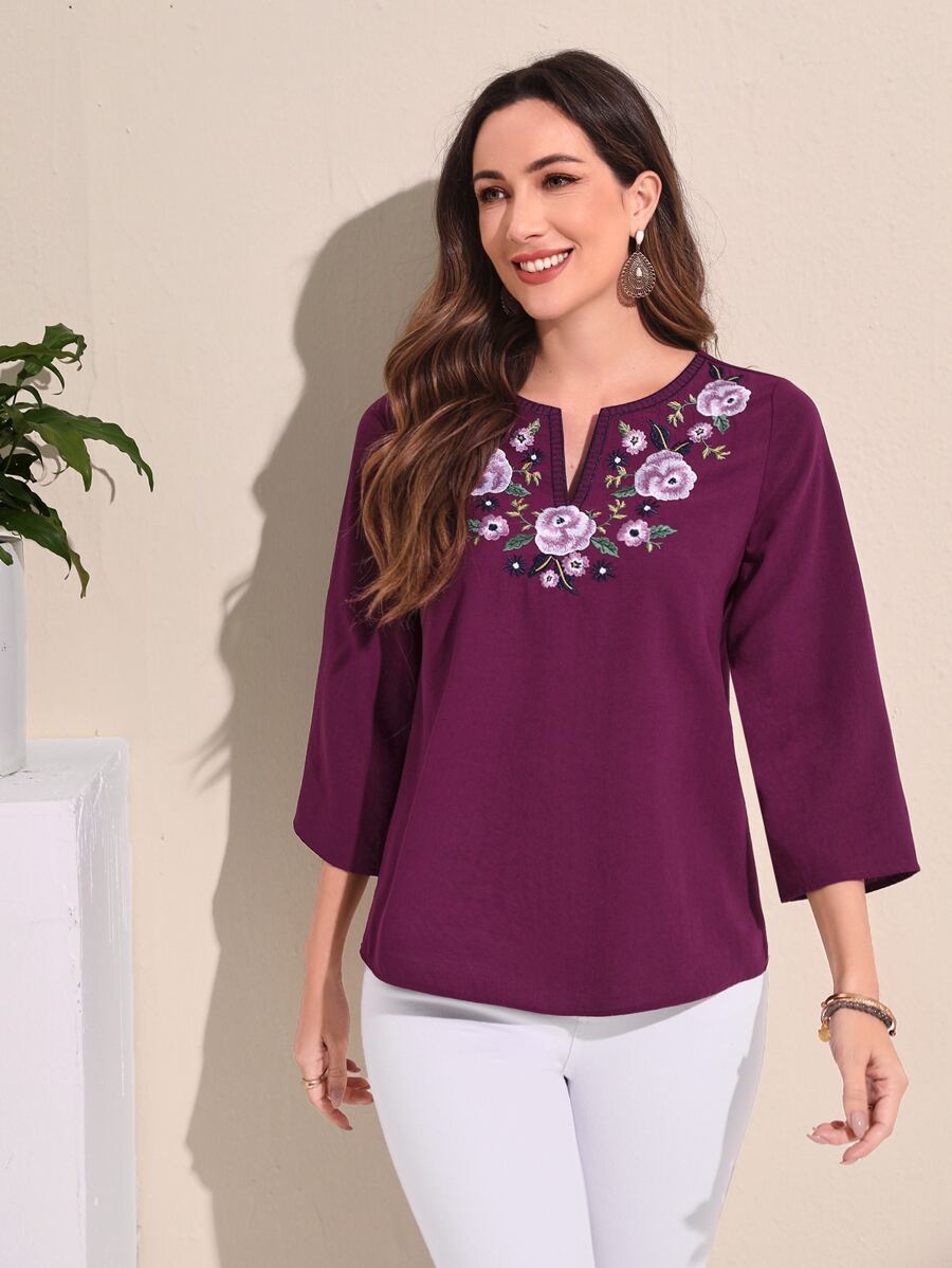 EMERY ROSE Floral Embroidery Notched Neckline Blouse - Purple - View 1
