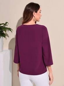 EMERY ROSE Floral Embroidery Notched Neckline Blouse - Purple - View 2