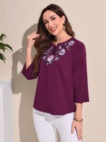 EMERY ROSE Floral Embroidery Notched Neckline Blouse - Purple - View 3