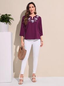 EMERY ROSE Floral Embroidery Notched Neckline Blouse - Purple - View 4