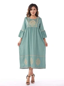 Floral Embroidery Scoop Neck Dress - Teal Blue - View 1