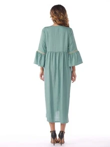 Floral Embroidery Scoop Neck Dress - Teal Blue - View 2