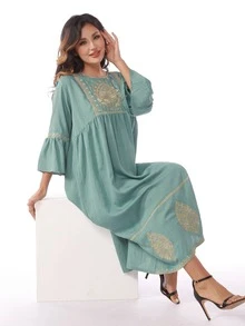 Floral Embroidery Scoop Neck Dress - Teal Blue - View 4