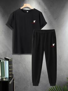 Manfinity Homme Hombres Pantalones deportivos con camiseta con letra & con estampado de águila