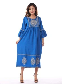 Floral Embroidery Flounce Sleeve Dress - Blue - View 1