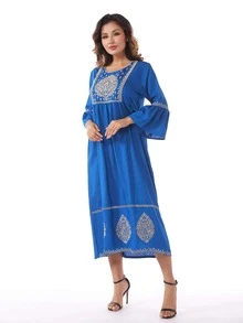 Floral Embroidery Flounce Sleeve Dress - Blue - View 3